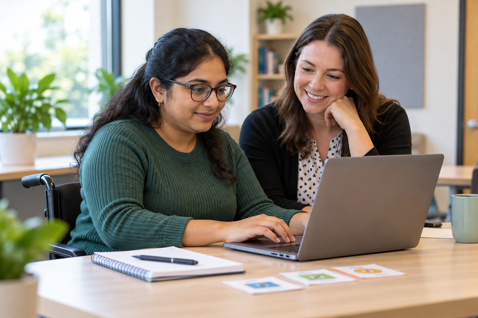A learner using a laptop with a mentor in a technology training session.