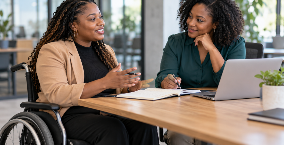 A wheelchair user practicing an interview with a career coach at an office table.