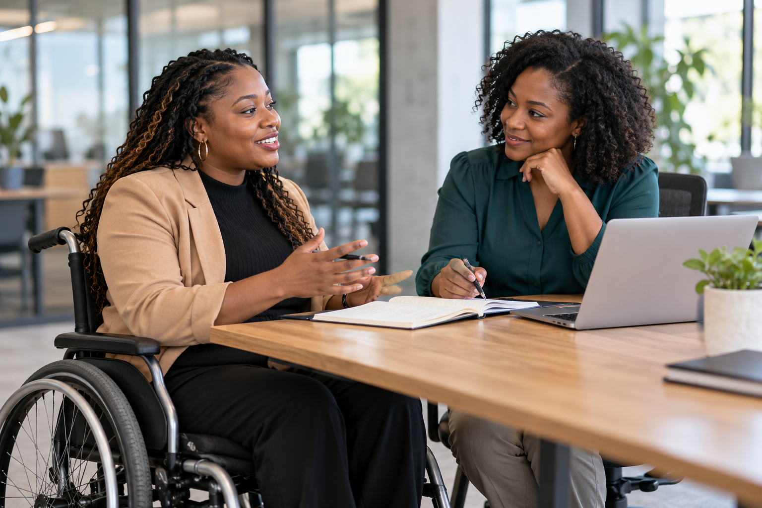 A wheelchair user practicing an interview with a career coach at an office table.