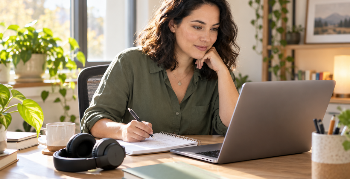 A professional reviewing laptop content alongside handwritten notes at her desk.