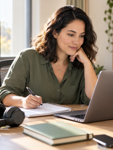 A professional reviewing laptop content alongside handwritten notes at her desk.