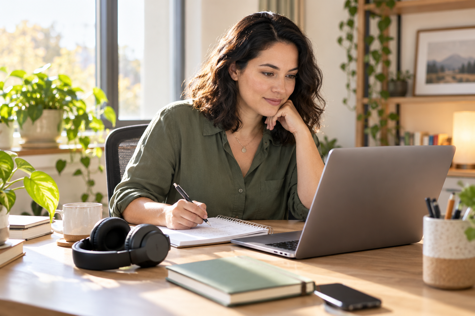 A professional reviewing laptop content alongside handwritten notes at her desk.